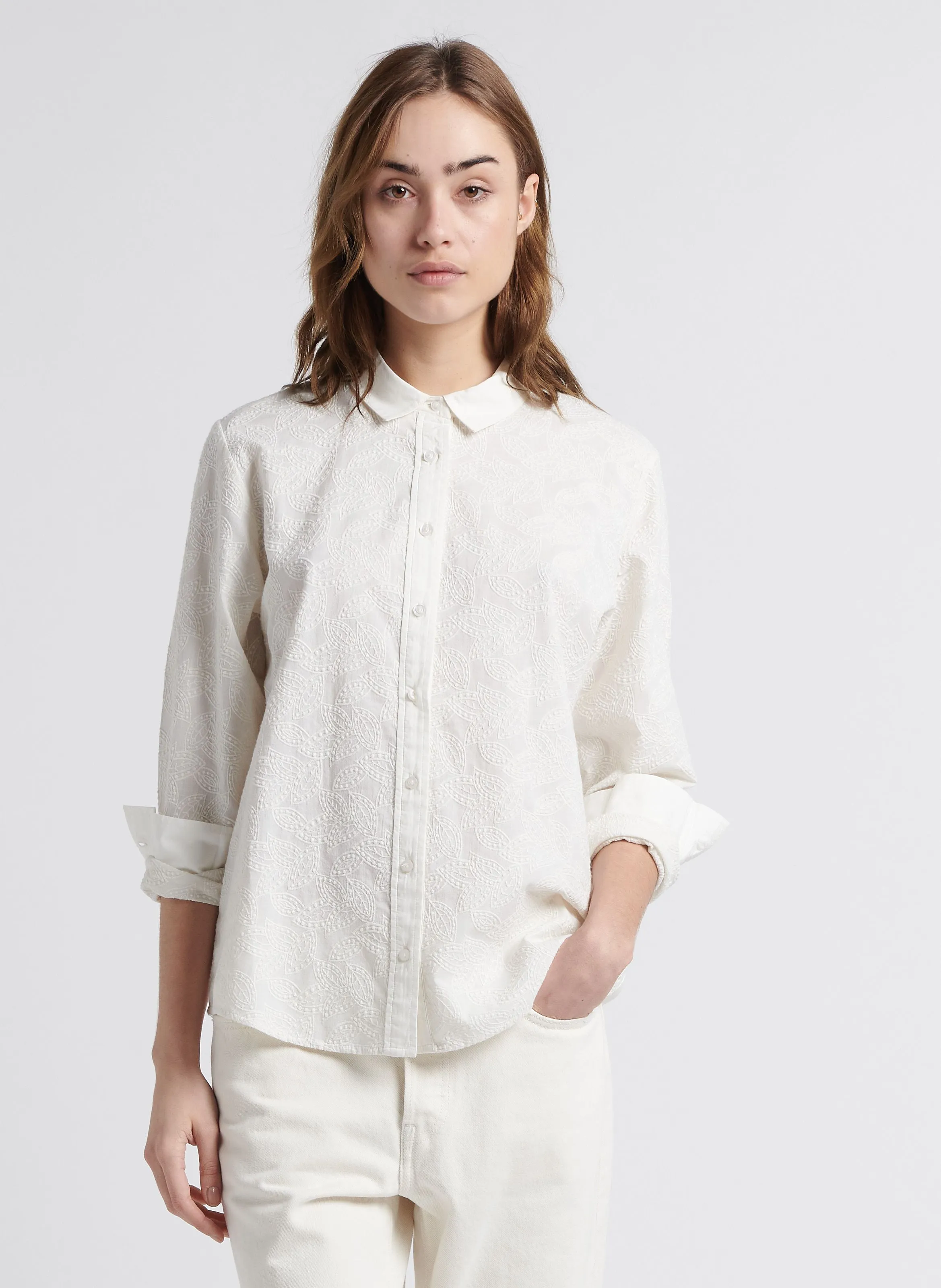 BENSIMON AZALY - Camisa de algodón recta transparente con estampado bordado en blanco