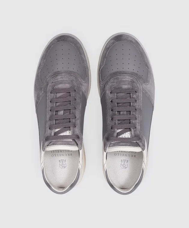 Brunello Cucinelli Gray leather sneakers with logo patch