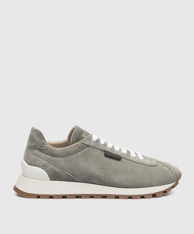 Brunello Cucinelli Gray suede sneakers with monil chain