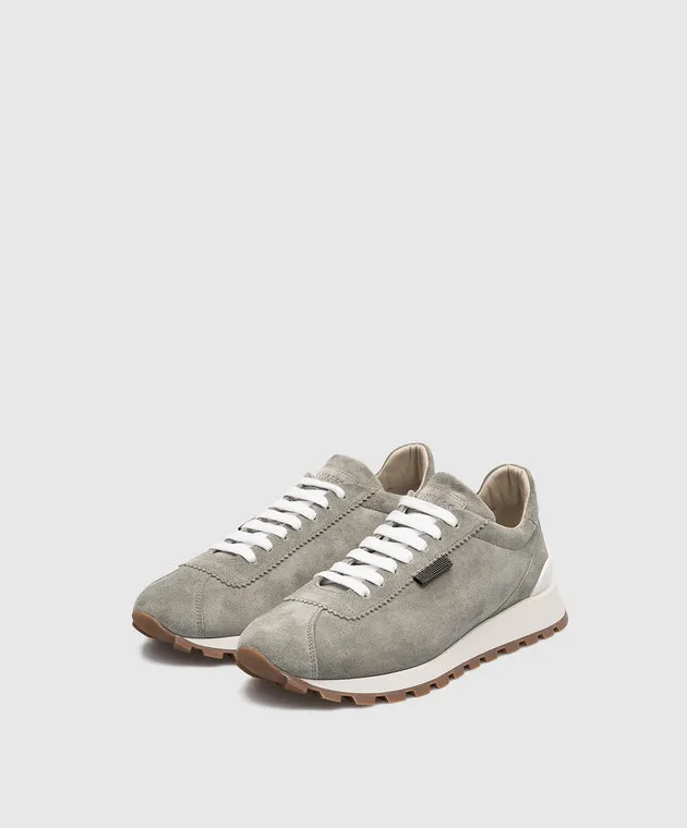 Brunello Cucinelli Gray suede sneakers with monil chain