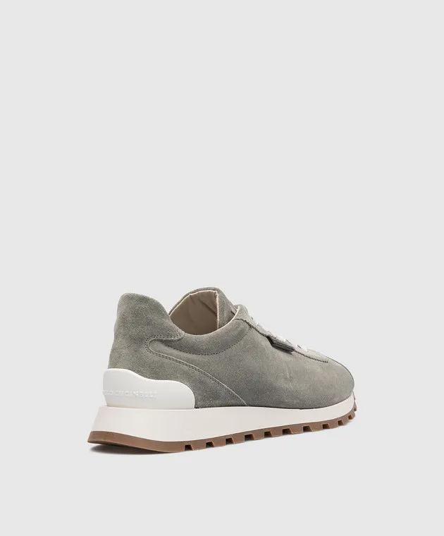 Brunello Cucinelli Gray suede sneakers with monil chain