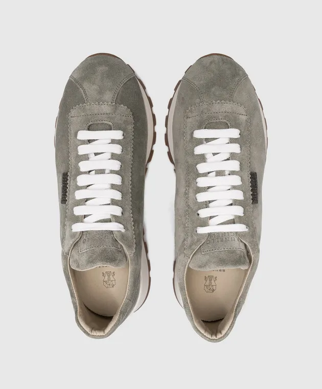 Brunello Cucinelli Gray suede sneakers with monil chain