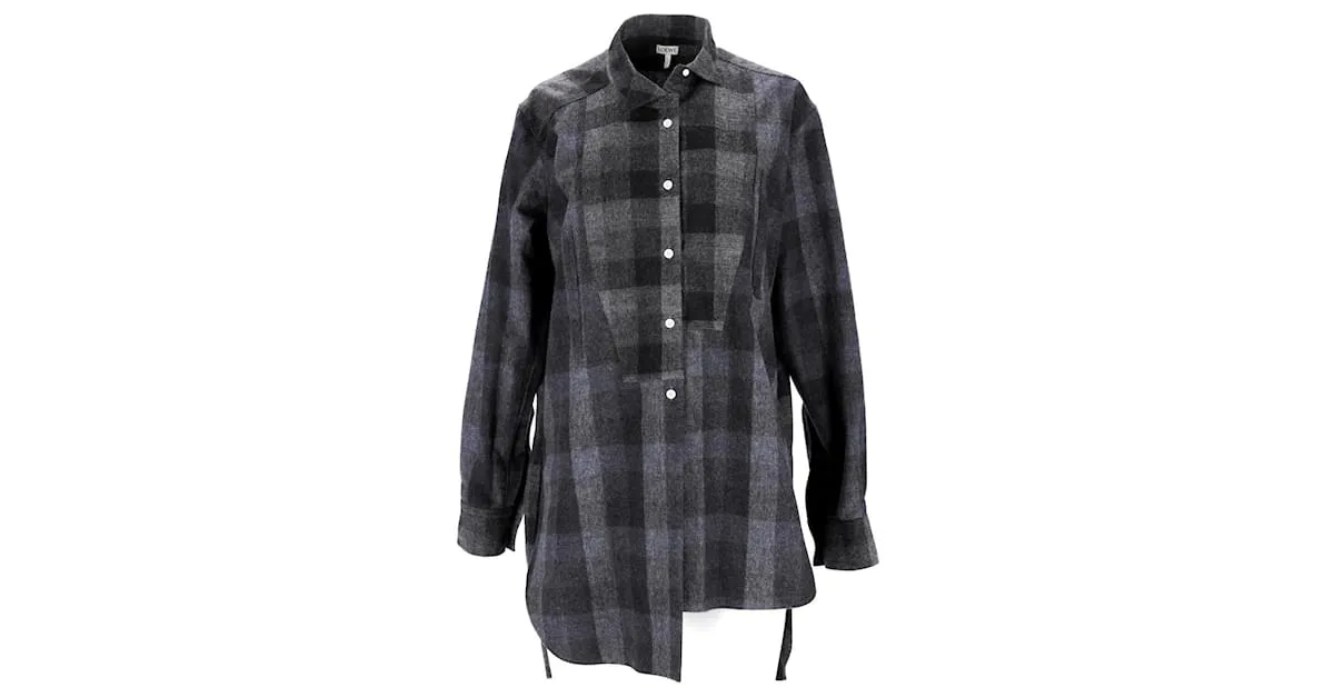 Camisa Loewe Asimétrica Cuadros Lana Gris 