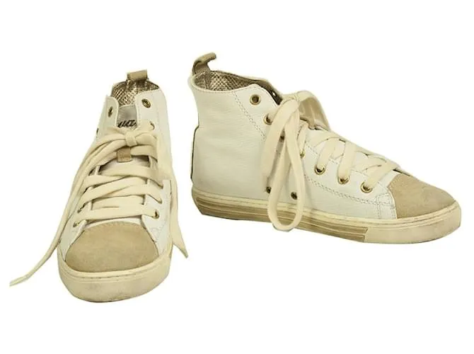 Dsquared2 Off White Leather Beige Suede High Top Lace Up Sneakers Zapatos 36.5 Blanco 