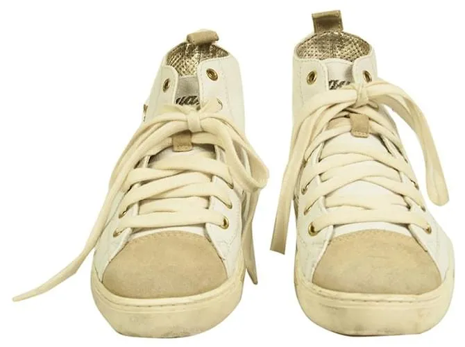 Dsquared2 Off White Leather Beige Suede High Top Lace Up Sneakers Zapatos 36.5 Blanco 