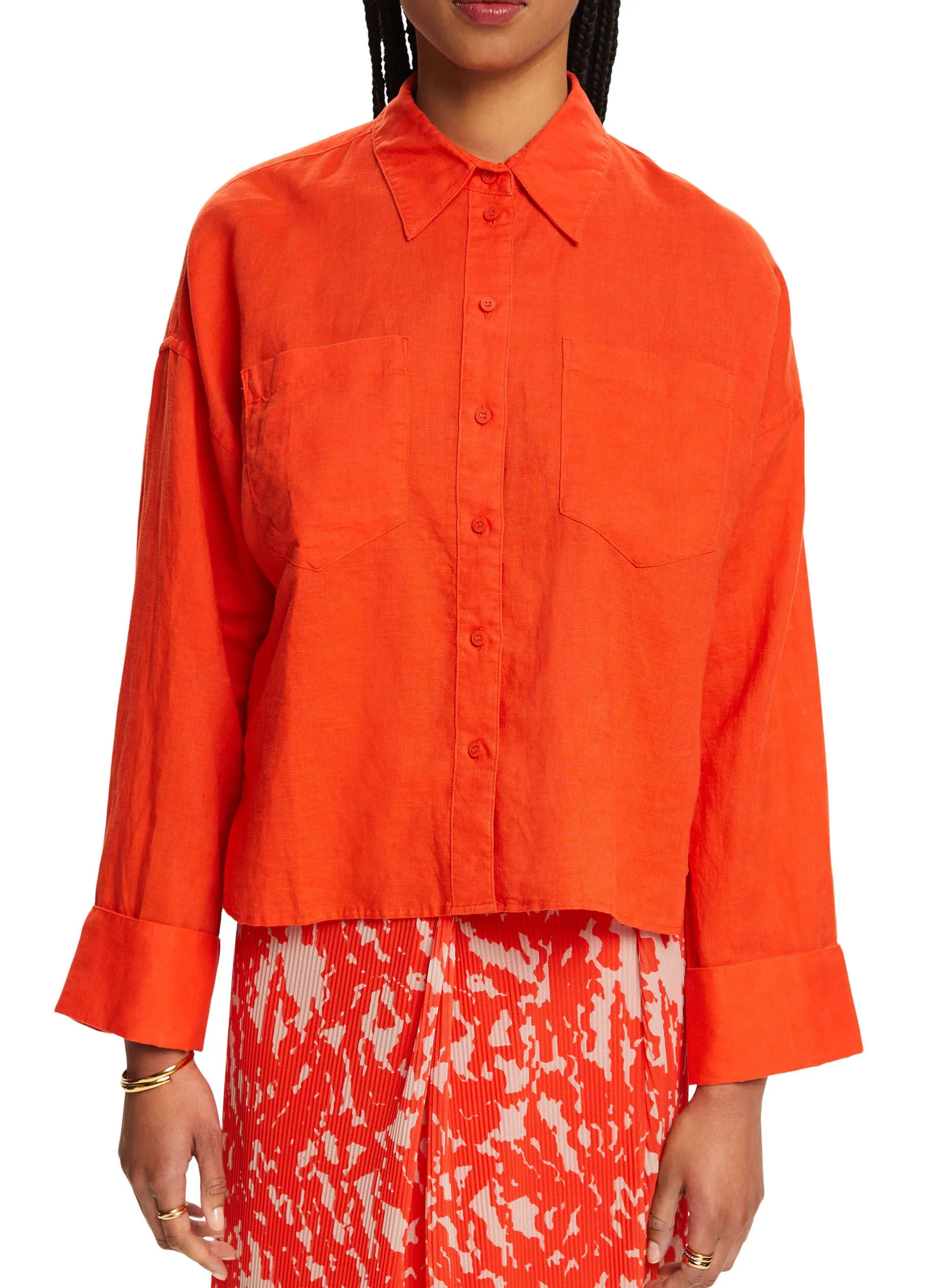 ESPRIT Camisa de mezcla de lino y algodón con cuello clásico en naranja