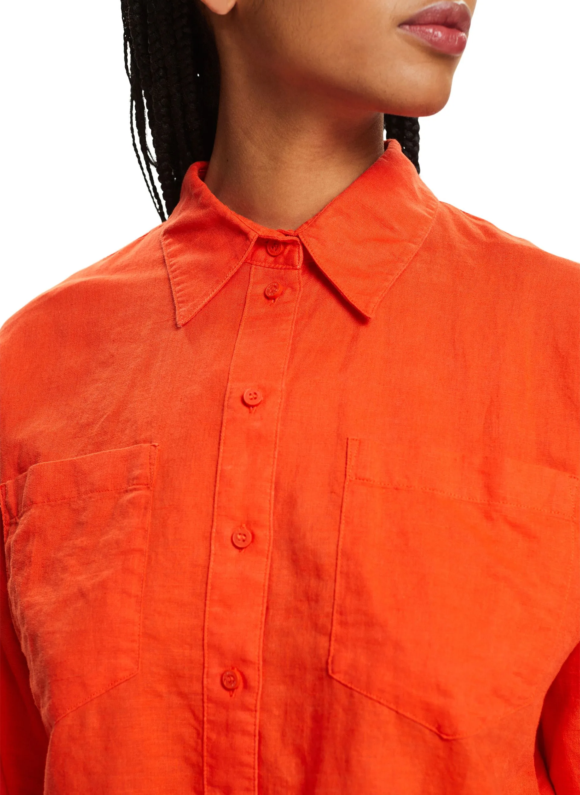 ESPRIT Camisa de mezcla de lino y algodón con cuello clásico en naranja