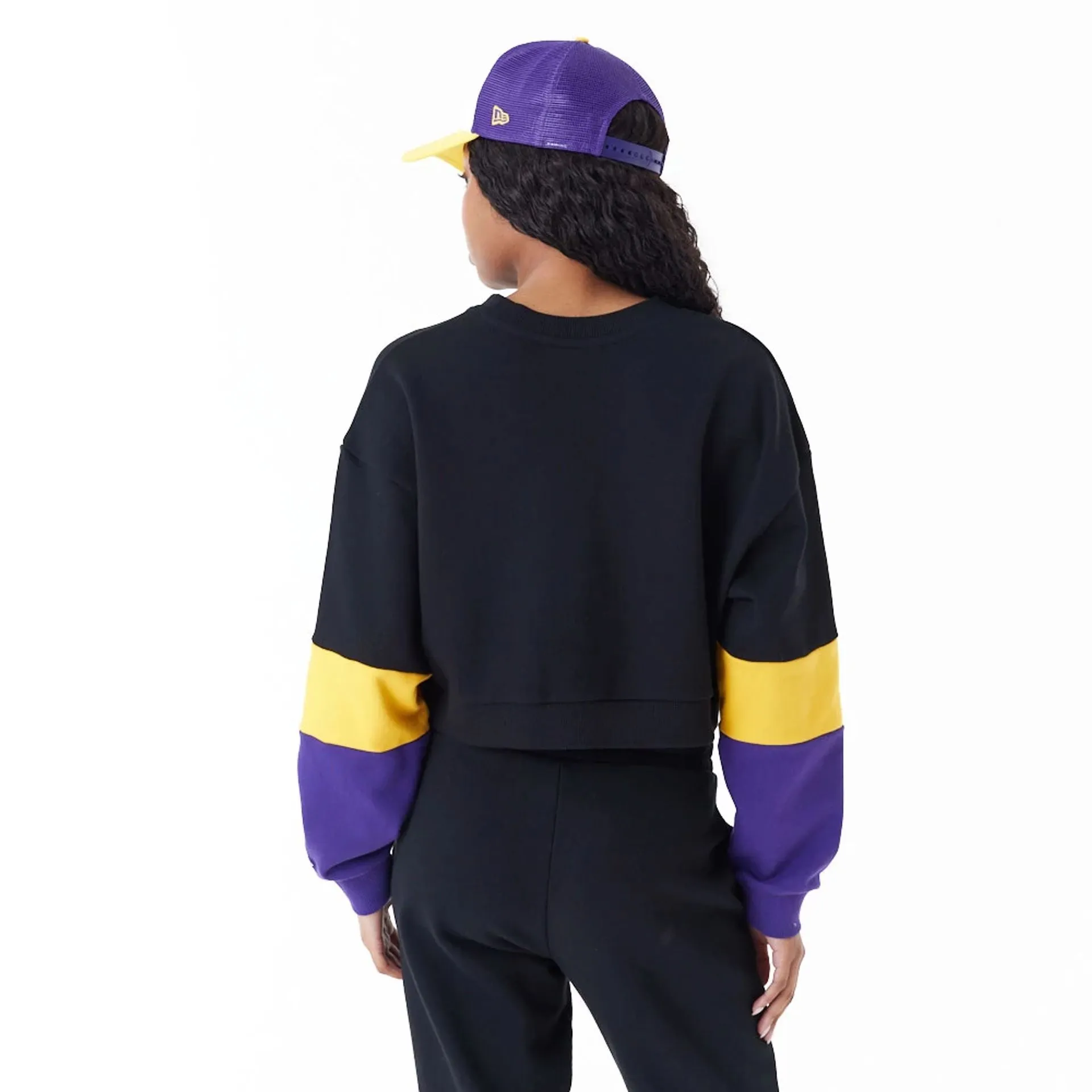 LA Lakers Sudadera corta de cuello redondo en bloque de color negro para mujer de la NBA