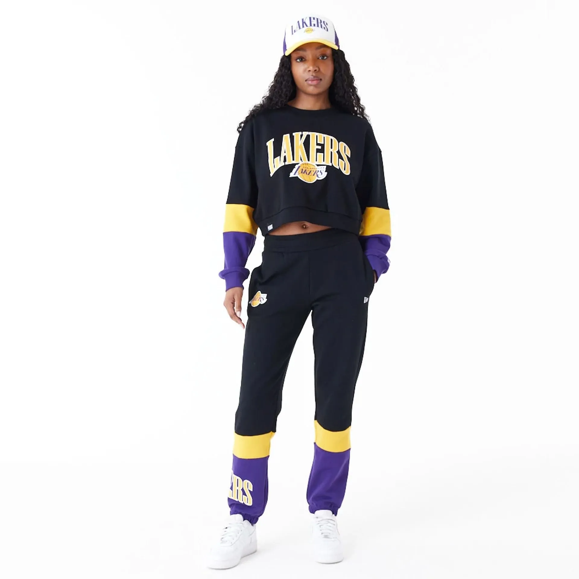 LA Lakers Sudadera corta de cuello redondo en bloque de color negro para mujer de la NBA