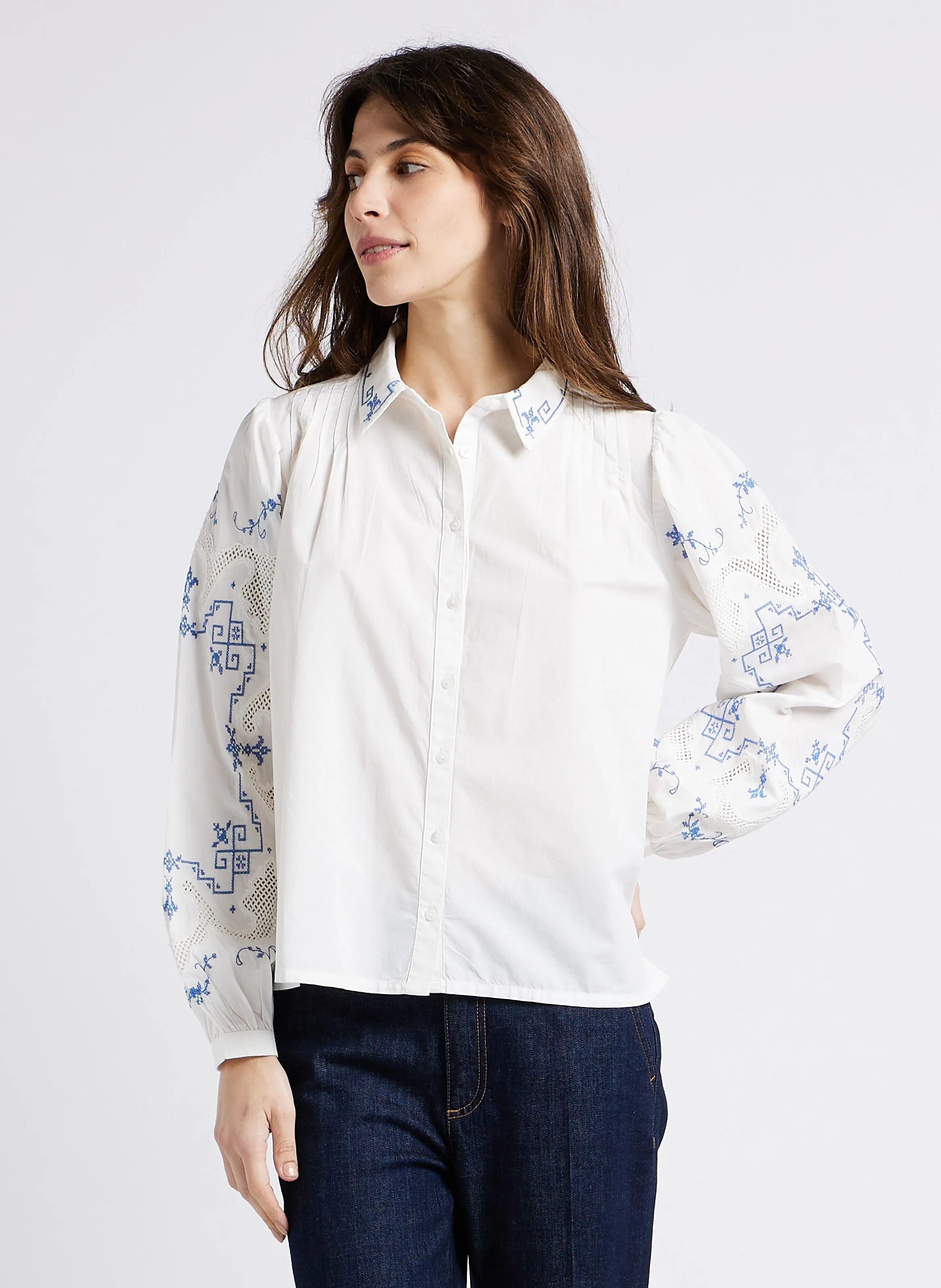 MAISON 123 CLEMENTINE - Camisa de algodón con cuello clásico en blanco