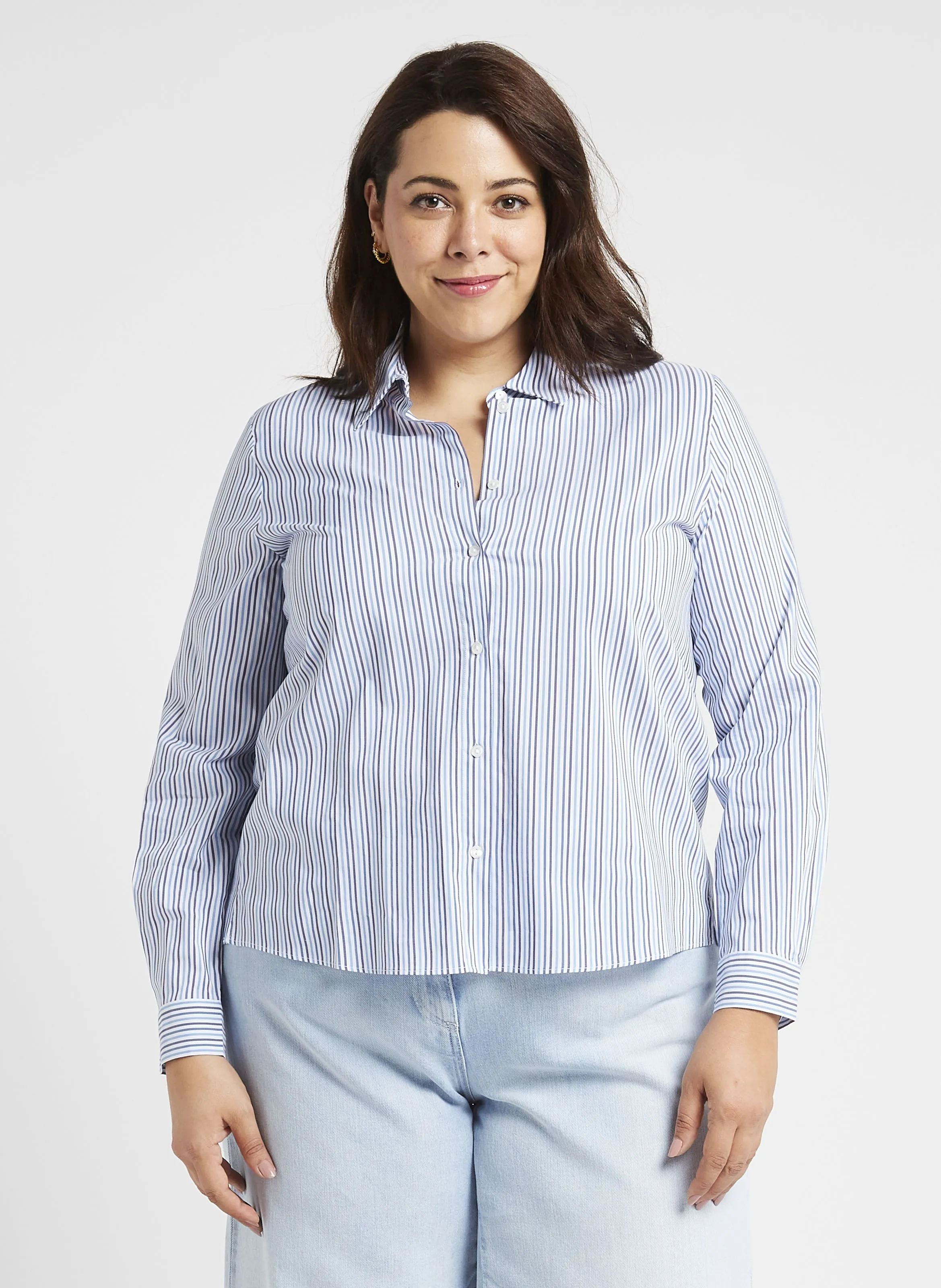 PERSONA by Marina Rinaldi WARREN - Camisa recta de mezcla de algodón a rayas con cuello clásico en blanco