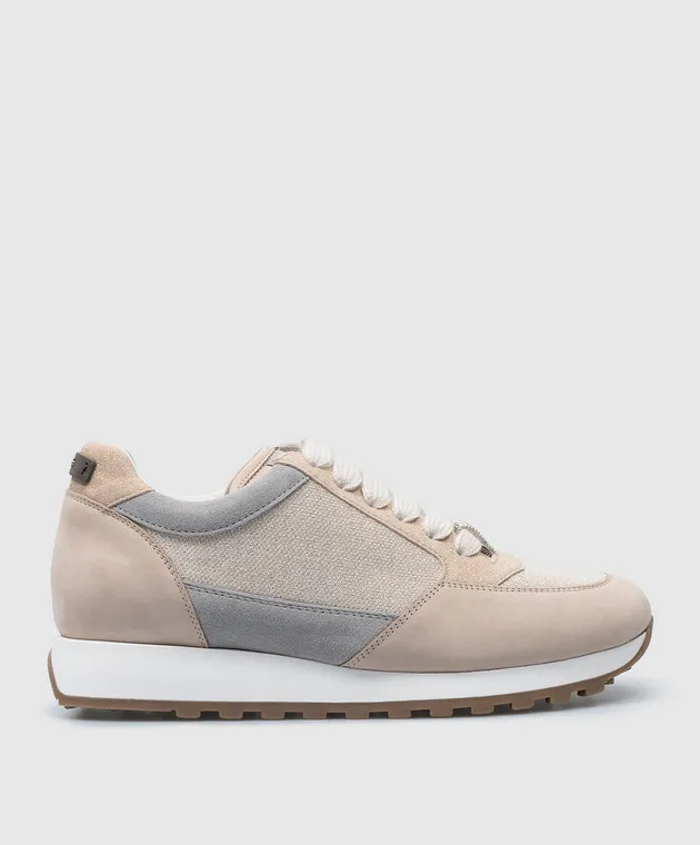 Peserico Beige combination sneakers with monil chain