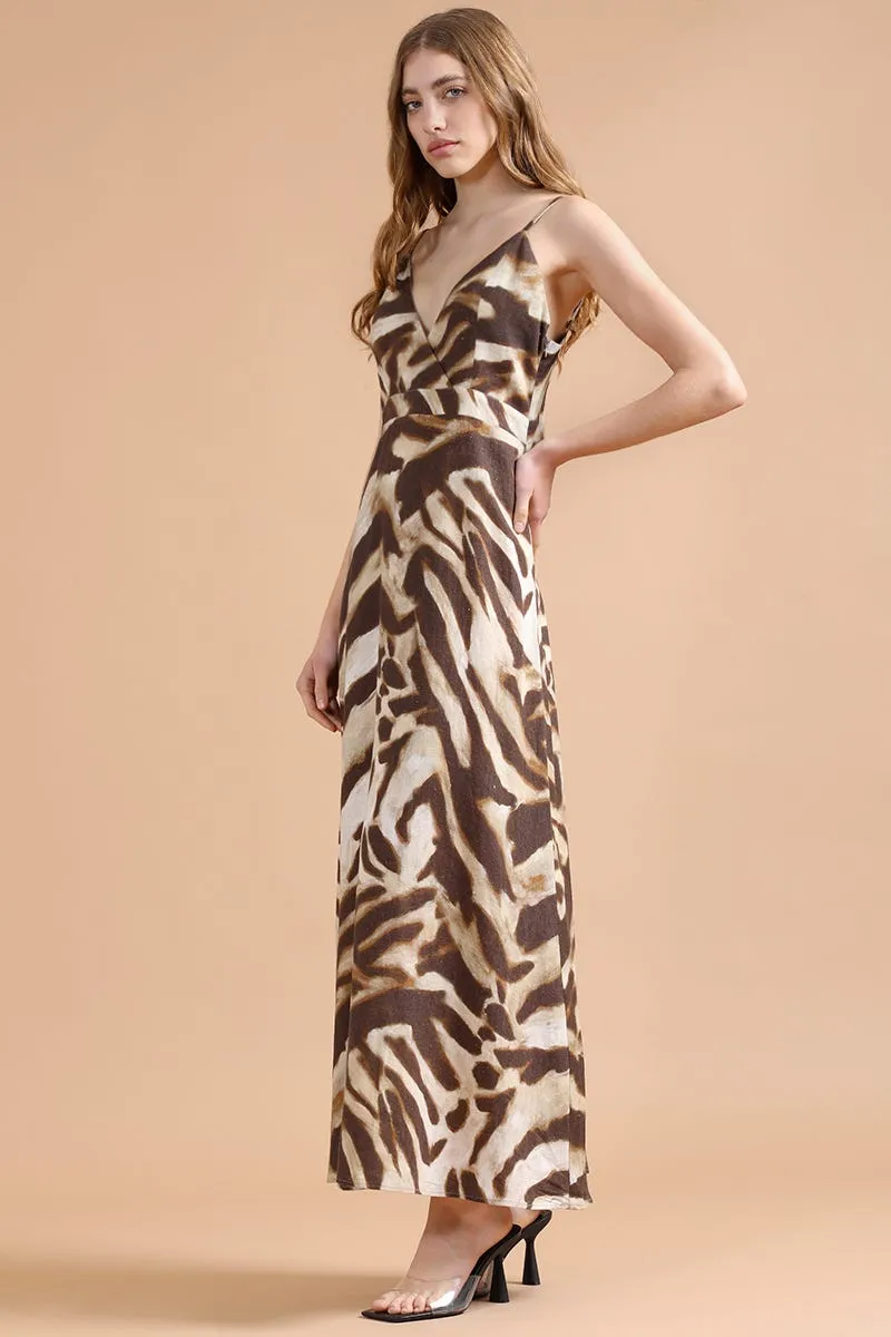 VESTIDO MIDI CON LINO, ANIMAL PRINT, CAFÉ