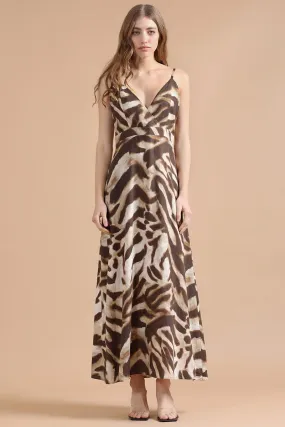 VESTIDO MIDI CON LINO, ANIMAL PRINT, CAFÉ