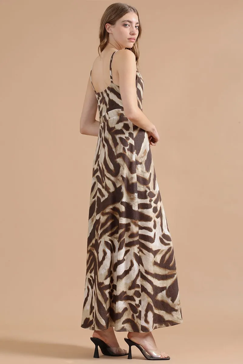 VESTIDO MIDI CON LINO, ANIMAL PRINT, CAFÉ