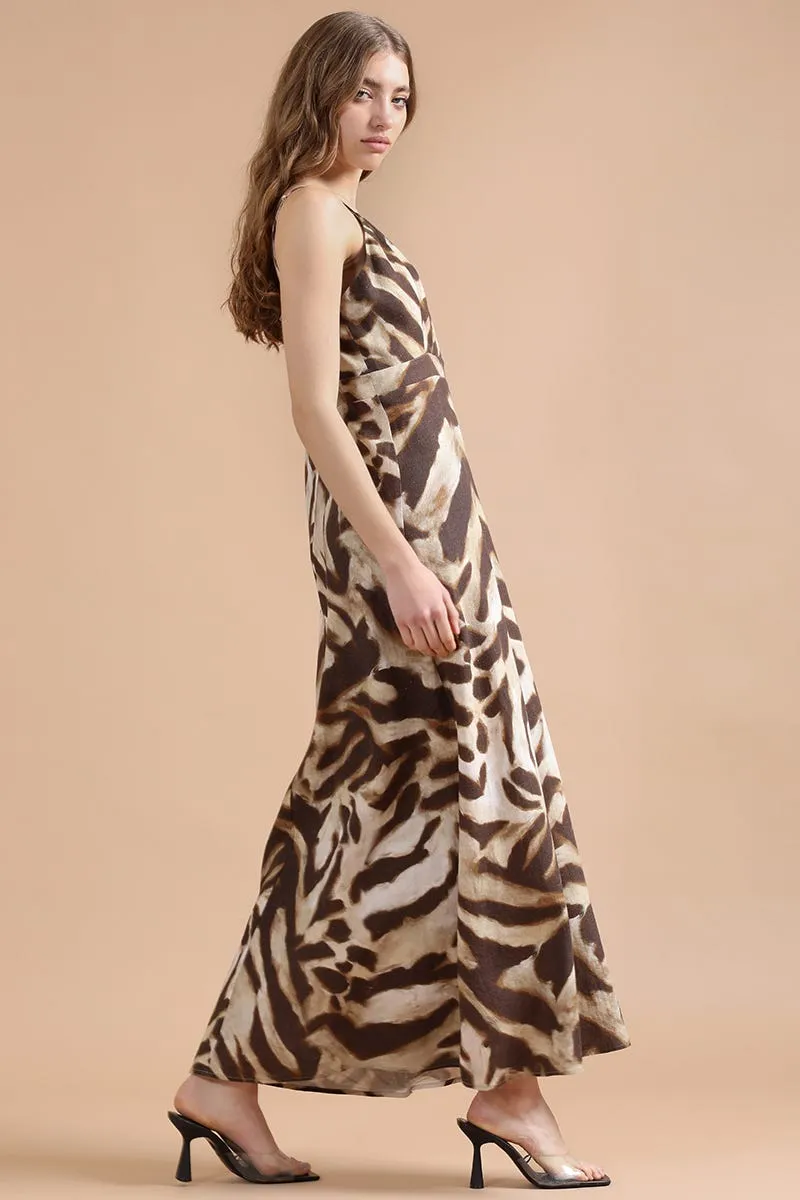 VESTIDO MIDI CON LINO, ANIMAL PRINT, CAFÉ