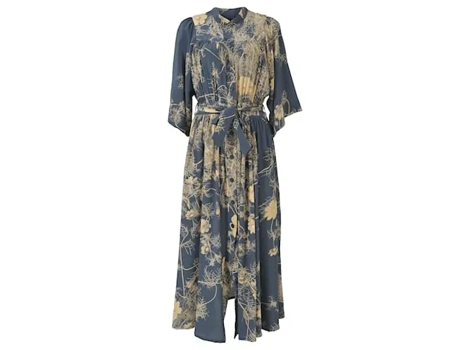 Vestido midi Darette con estampado floral en crepé de seda azul de Dries Van Noten 