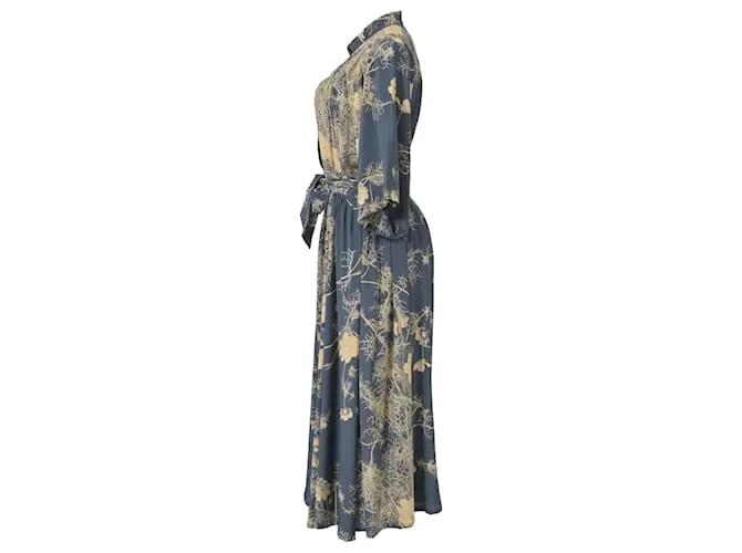 Vestido midi Darette con estampado floral en crepé de seda azul de Dries Van Noten 