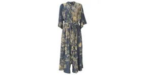 Vestido midi Darette con estampado floral en crepé de seda azul de Dries Van Noten 