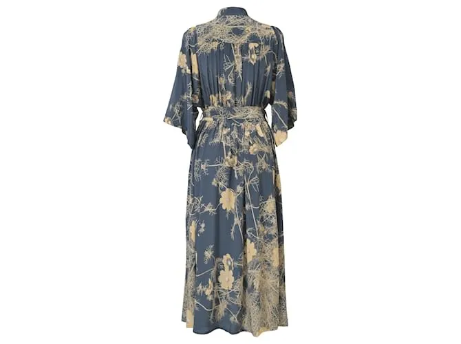 Vestido midi Darette con estampado floral en crepé de seda azul de Dries Van Noten 