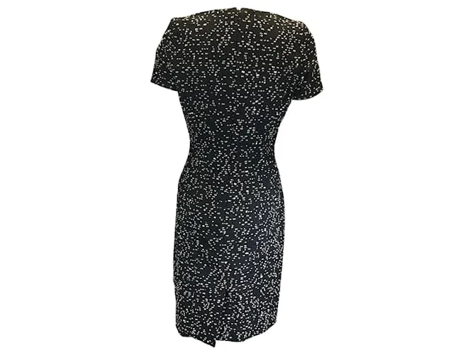 Vestido midi de manga corta en V negro / blanco de Oscar de la Renta 